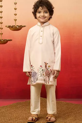  beige rayon elephant giraffe print kurta with cream pyjama set