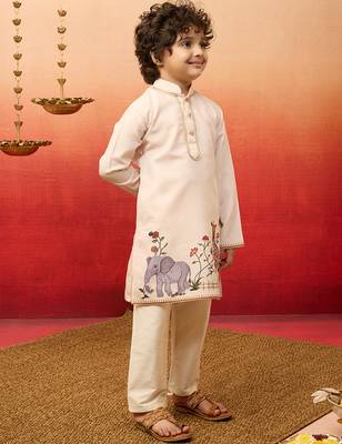  beige rayon elephant giraffe print kurta with cream pyjama set 4