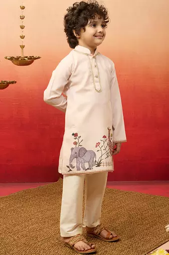  beige rayon elephant giraffe print kurta with cream pyjama set