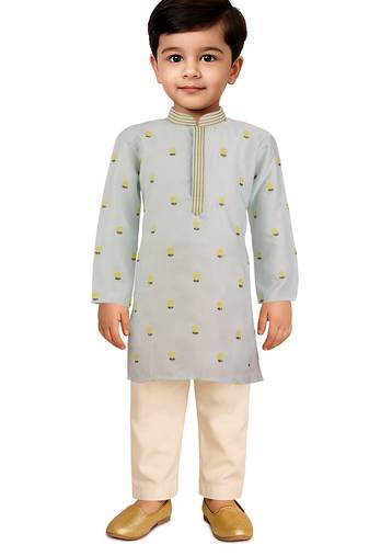 boys aqua satin floral kurta pajama set - premium navratri wear