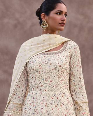 women's georgette embroidery sequence work anarkali kurta pant set with dupatta for women 3
