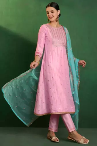 Art silk embroidery sequins kurta pant set with dupatta for women