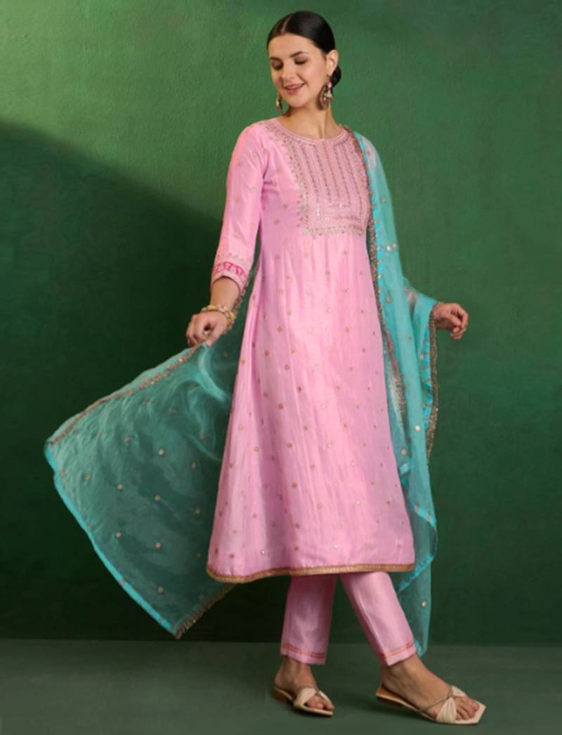 Art silk embroidery sequins kurta pant set with dupatta for women