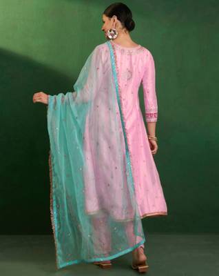 Art silk embroidery sequins kurta pant set with dupatta for women 2
