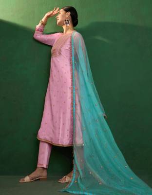 Art silk embroidery sequins kurta pant set with dupatta for women 3