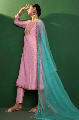 Trendmalls Art silk embroidery sequins kurta pant set with dupatta for women