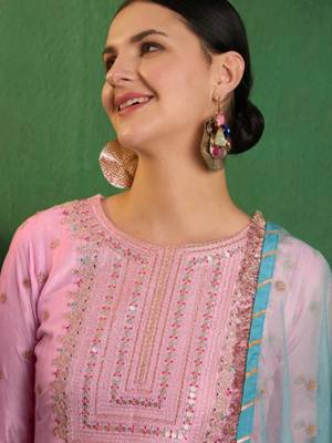 Art silk embroidery sequins kurta pant set with dupatta for women 4