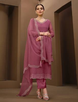 women's chiffon swarovski zarkan work kurta pant set with dupatta for women 1