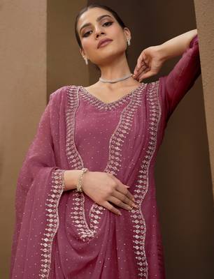 women's chiffon swarovski zarkan work kurta pant set with dupatta for women 2