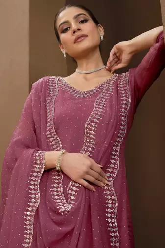 Trendmalls women's chiffon swarovski zarkan work kurta pant set with dupatta for women