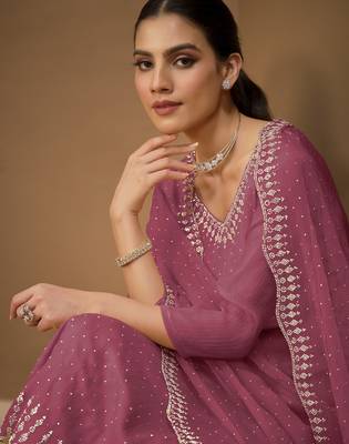 women's chiffon swarovski zarkan work kurta pant set with dupatta for women 3
