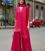 Women Gajji Slik Work Hand & Threadwork Short Straghit Kurta With Palazzo & Dupatta 