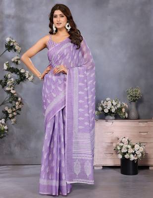 ready to wear lavender ethnic motifs printed saree with unstitched blouse 1