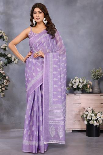 Lavender ethnic motifs printed ready to wear saree with unstitched blouse
