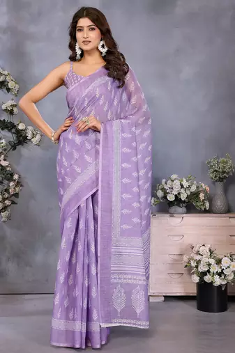 ready to wear lavender ethnic motifs printed saree with unstitched blouse