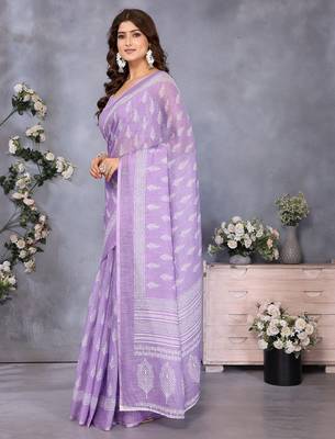 ready to wear lavender ethnic motifs printed saree with unstitched blouse 2