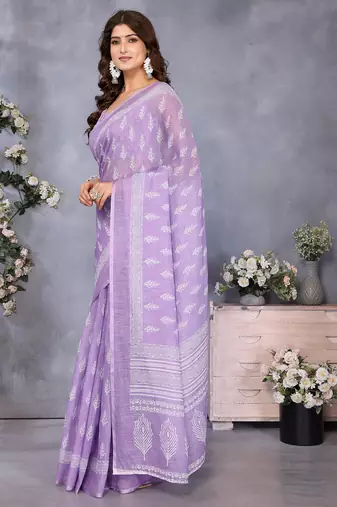pre draped lavender ethnic motifs printed saree