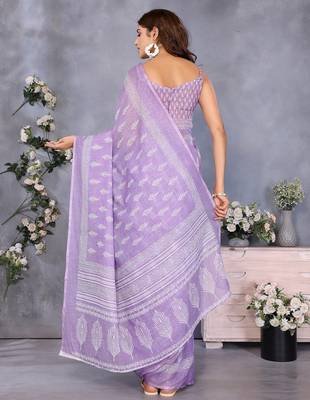 ready to wear lavender ethnic motifs printed saree with unstitched blouse 3