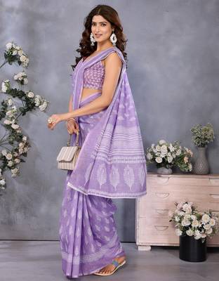 ready to wear lavender ethnic motifs printed saree with unstitched blouse 4
