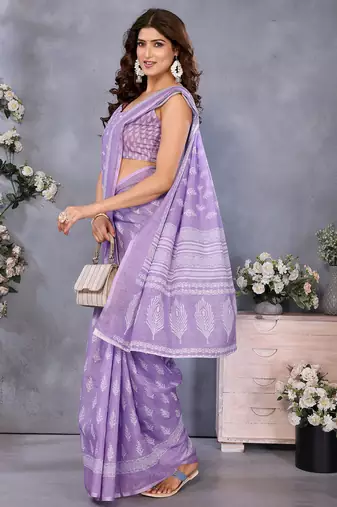 pre draped lavender ethnic motifs printed saree