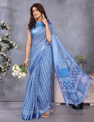 ready to wear light blue ethnic motifs printed saree 1