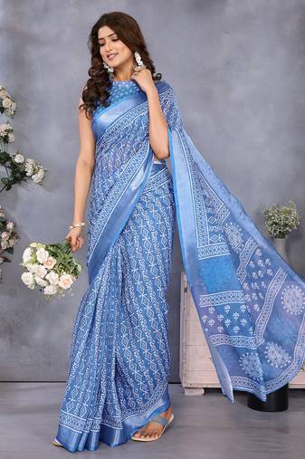 Light blue ethnic motifs printed ready to wear saree with unstitched blouse