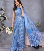 ready to wear light blue ethnic motifs printed saree with unstitched blouse