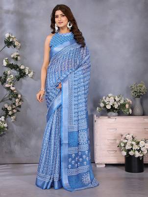 ready to wear light blue ethnic motifs printed saree 2