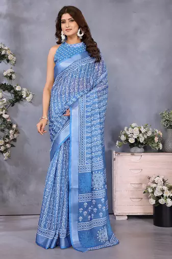 ready to wear light blue ethnic motifs printed saree