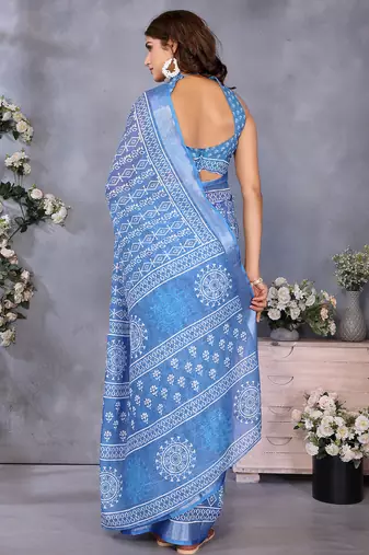 ready to wear light blue ethnic motifs printed saree