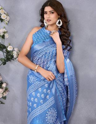 ready to wear light blue ethnic motifs printed saree 5