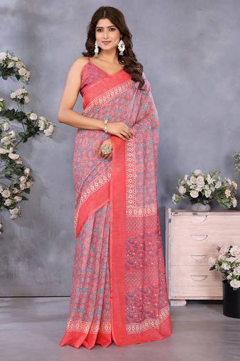 Peach bandhani printed ready to wear saree with unstitched blouse