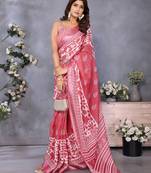 ready to wear peach floral printed with jamdani  saree with unstitched blouse