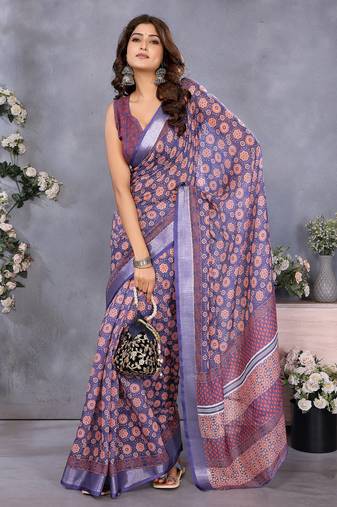Purple circular floral motif printed ready to wear saree with unstitched blouse