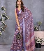 ready to wear purple circular floral motif printed saree with unstitched blouse