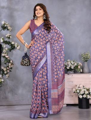 ready to wear purple circular floral motif printed saree 2