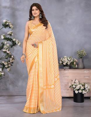 pre draped orange stripes printed leheriya saree 1