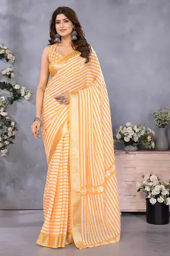 ready to wear orange stripes printed leheriya  saree with unstitched blouse