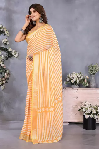 pre draped orange stripes printed leheriya saree