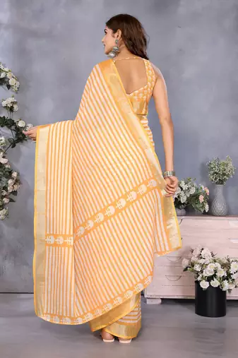 pre draped orange stripes printed leheriya saree