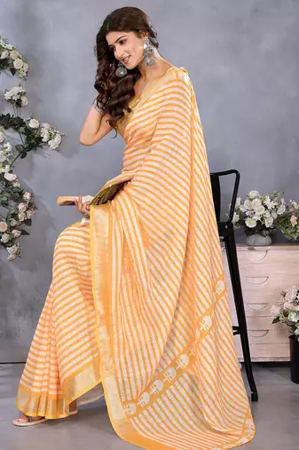 pre draped orange stripes printed leheriya saree