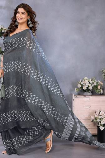 Grey zig zag printed ready to wear saree with unstitched blouse