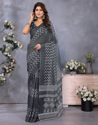 ready to wear grey zig zag printed saree with unstitched blouse 2