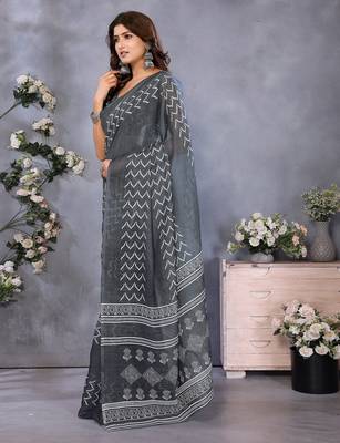 ready to wear grey zig zag printed saree with unstitched blouse 3