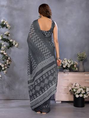 ready to wear grey zig zag printed saree with unstitched blouse 4