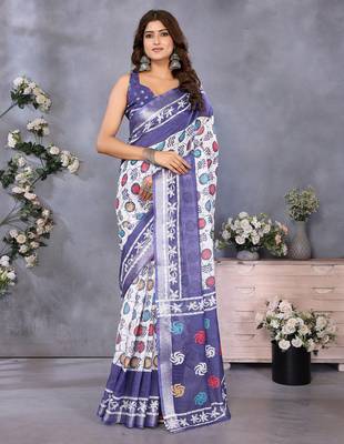 pre-stitched white batik printed saree 1
