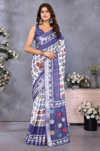 White batik printed ready to wear saree with unstitched blouse