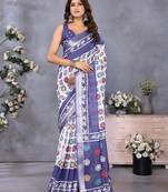 ready to wear white batik printed saree with unstitched blouse