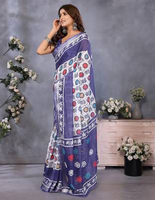 pre-stitched white batik printed saree 2