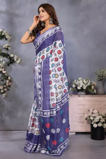 pre-stitched white batik printed saree